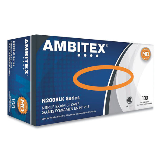 AMBITEX N200 Series Powder-Free Nitrile Gloves, Medium, Black, 100/Box (NMD200BLK)