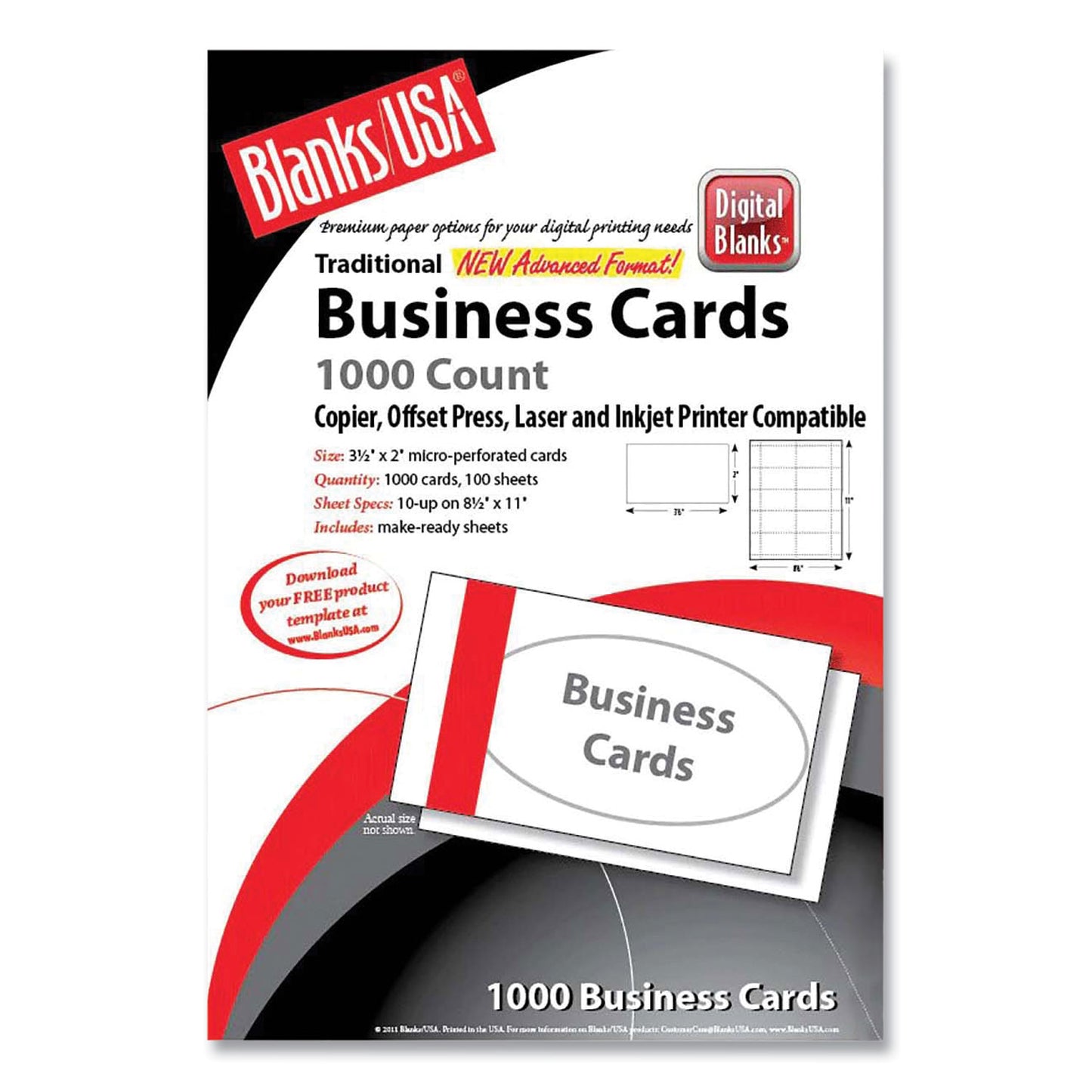 Blanks/USA Printable Microperf Business Cards, Copier/Inkjet/Laser/Offset, 2 x 3.5, White, Bristol, 1,000 Cards, 10/Sheet, 100 Sheets/PK (BCT10B6WH)