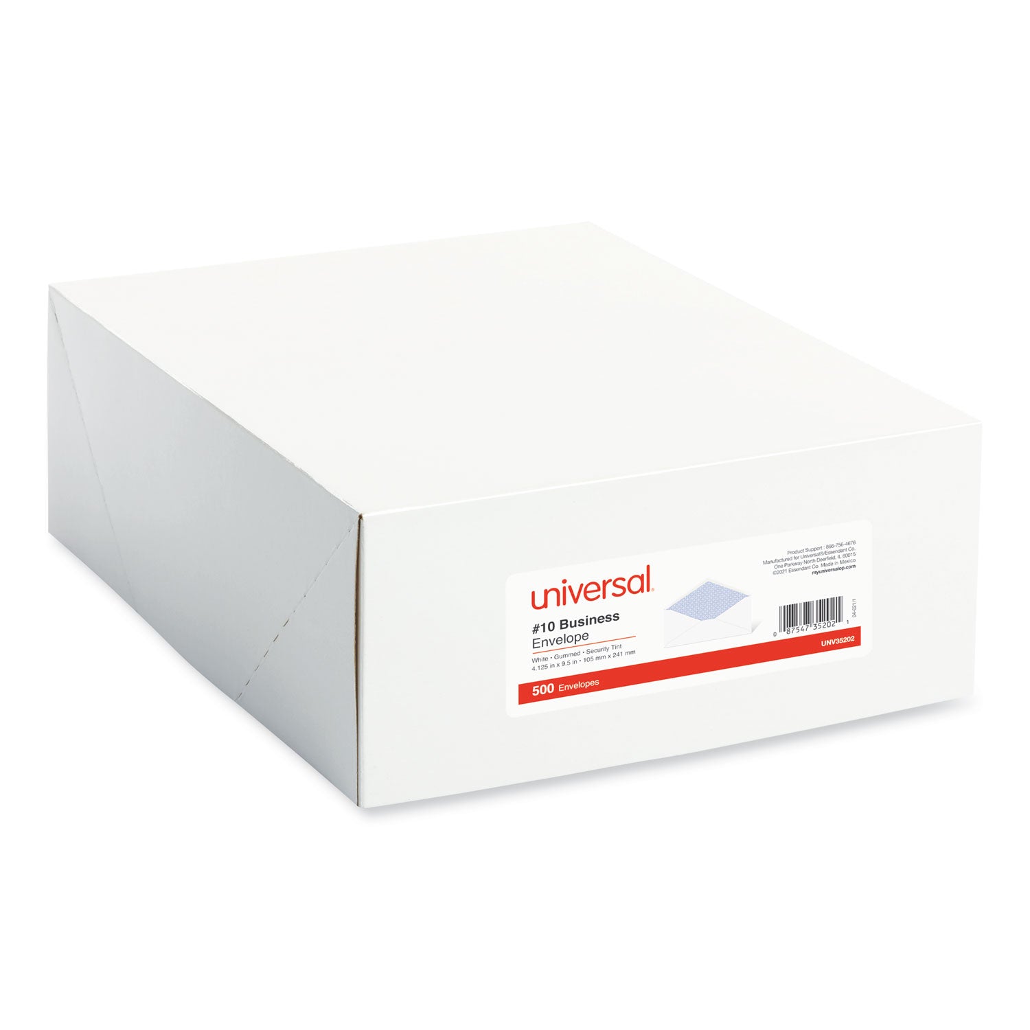 Universal Open-Side Security Tint Business Envelope, #10, Monarch Flap, Gummed Closure, 4.13 x 9.5, White, 500/Box (35202)