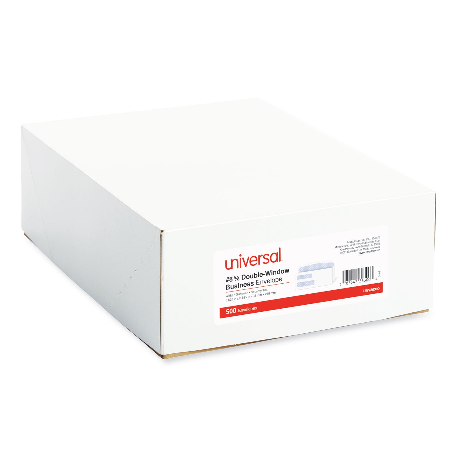 Universal Double Window Business Envelope, #8 5/8, Commercial Flap, Gummed Closure, 3.63 x 8.63, White, 500/Box (36300)