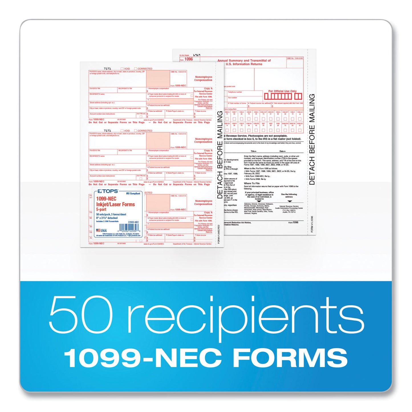 TOPS 1099-NEC Tax Forms, Fiscal Year: 2023, Five-Part Carbonless, 8.5 x 3.5, 3 Forms/Sheet, 50 Forms Total (22993NEC)
