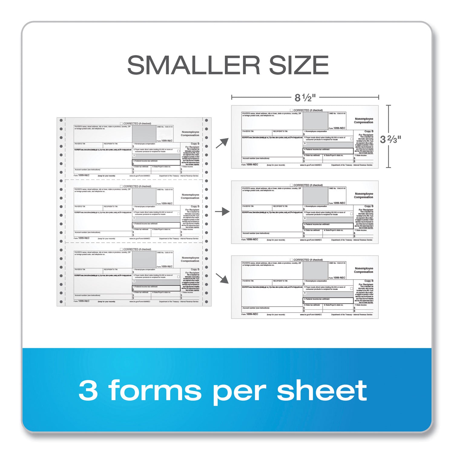 TOPS 1099-NEC Continuous Tax Forms, Fiscal Year: 2023, Four-Part Carbonless, 8.5 x 5.5, 2 Forms/Sheet, 24 Forms Total (2299NEC)