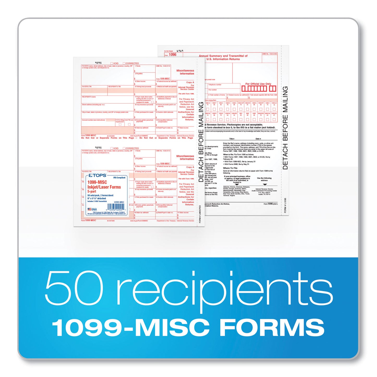 TOPS 1099-MISC Tax Forms, Fiscal Year: 2023, Five-Part Carbonless, 8.5 x 5.5, 2 Forms/Sheet, 50 Forms Total (22993MISC)
