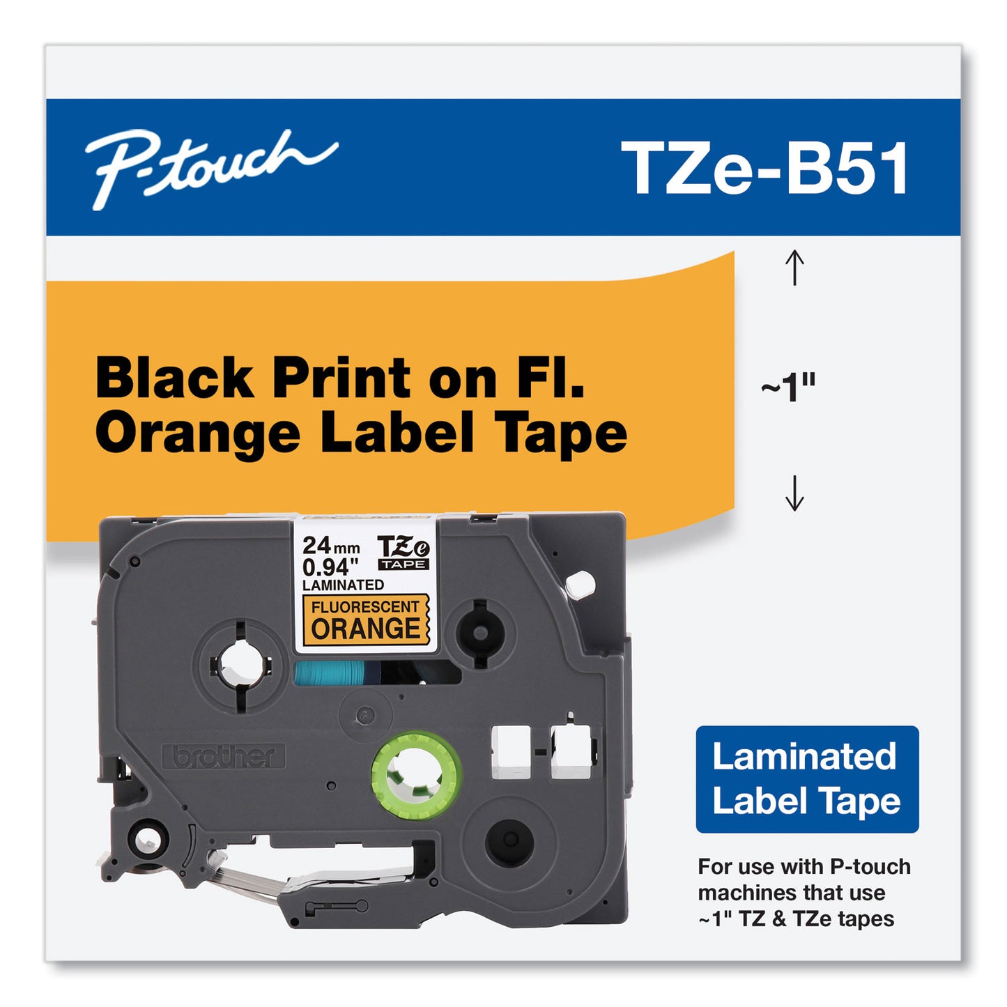 Brother TZ Standard Adhesive Laminated Labeling Tape, 1" x 16.4 ft, Black on Fluorescent Orange (TZEB51)