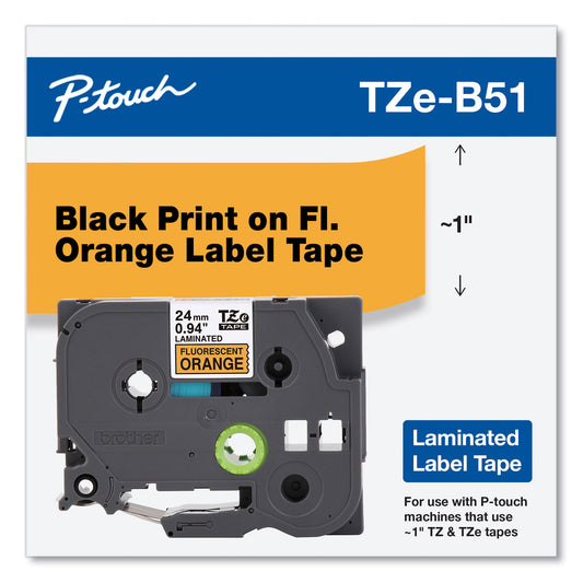 Brother TZ Standard Adhesive Laminated Labeling Tape, 1" x 16.4 ft, Black on Fluorescent Orange (TZEB51)