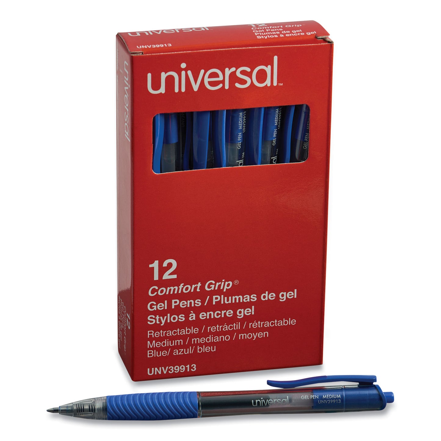 Universal Comfort Grip Gel Pen, Retractable, Medium 0.7 mm, Blue Ink, Clear/Blue Barrel, Dozen (39913)