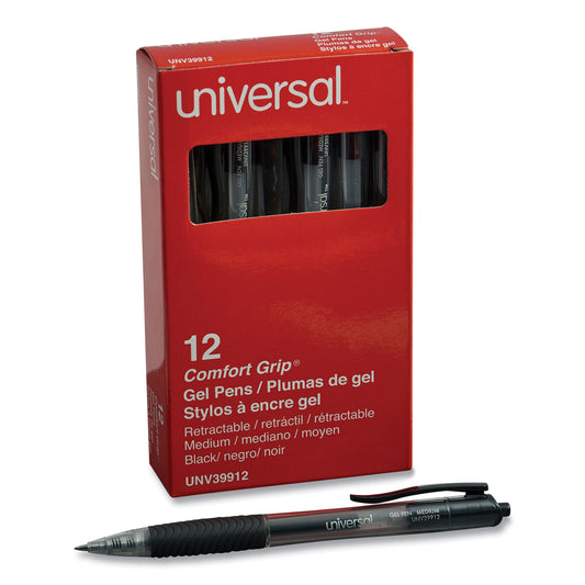 Universal Comfort Grip Gel Pen, Retractable, Medium 0.7 mm, Black Ink, Clear/Black Barrel, Dozen (39912)