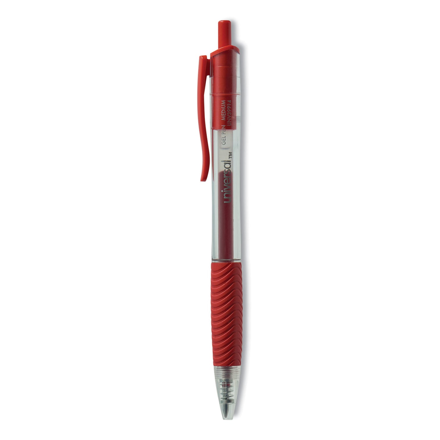 Universal Comfort Grip Gel Pen, Retractable, Medium 0.7 mm, Red Ink, Clear/Red Barrel, Dozen (39914)