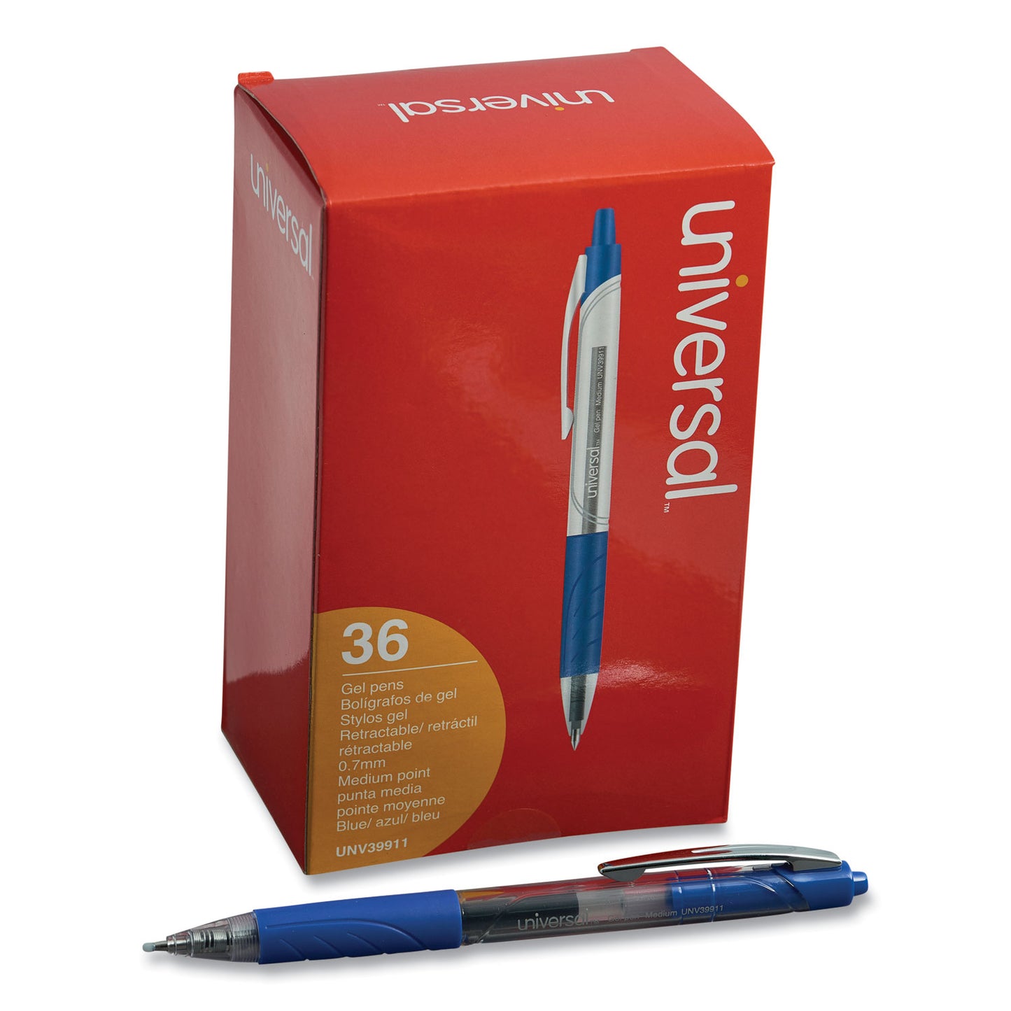 Universal Comfort Grip Gel Pen, Retractable, Medium 0.7 mm, Blue Ink, Clear/Blue Barrel, 36/Pack (39911)