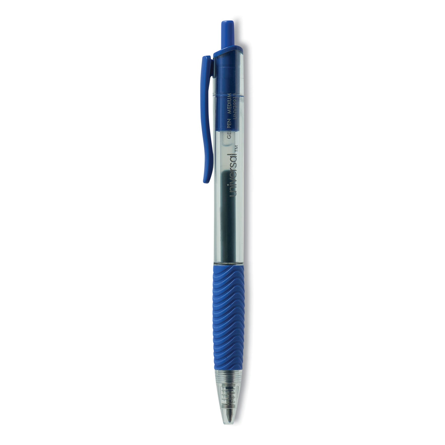 Universal Comfort Grip Gel Pen, Retractable, Medium 0.7 mm, Blue Ink, Clear/Blue Barrel, Dozen (39913)