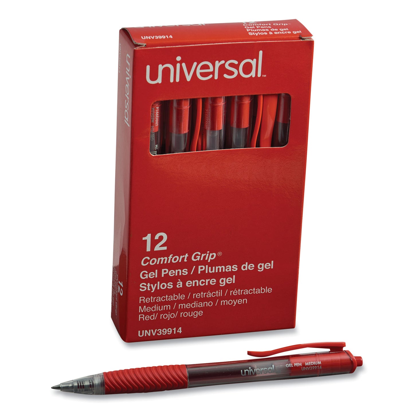 Universal Comfort Grip Gel Pen, Retractable, Medium 0.7 mm, Red Ink, Clear/Red Barrel, Dozen (39914)