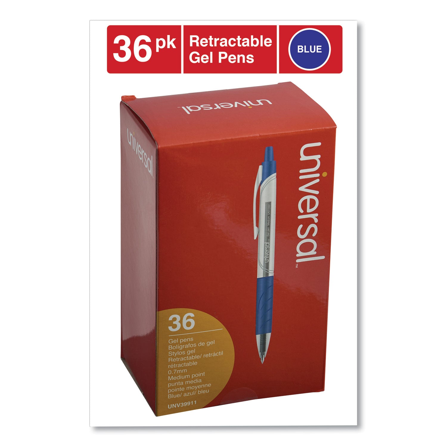 Universal Comfort Grip Gel Pen, Retractable, Medium 0.7 mm, Blue Ink, Clear/Blue Barrel, 36/Pack (39911)