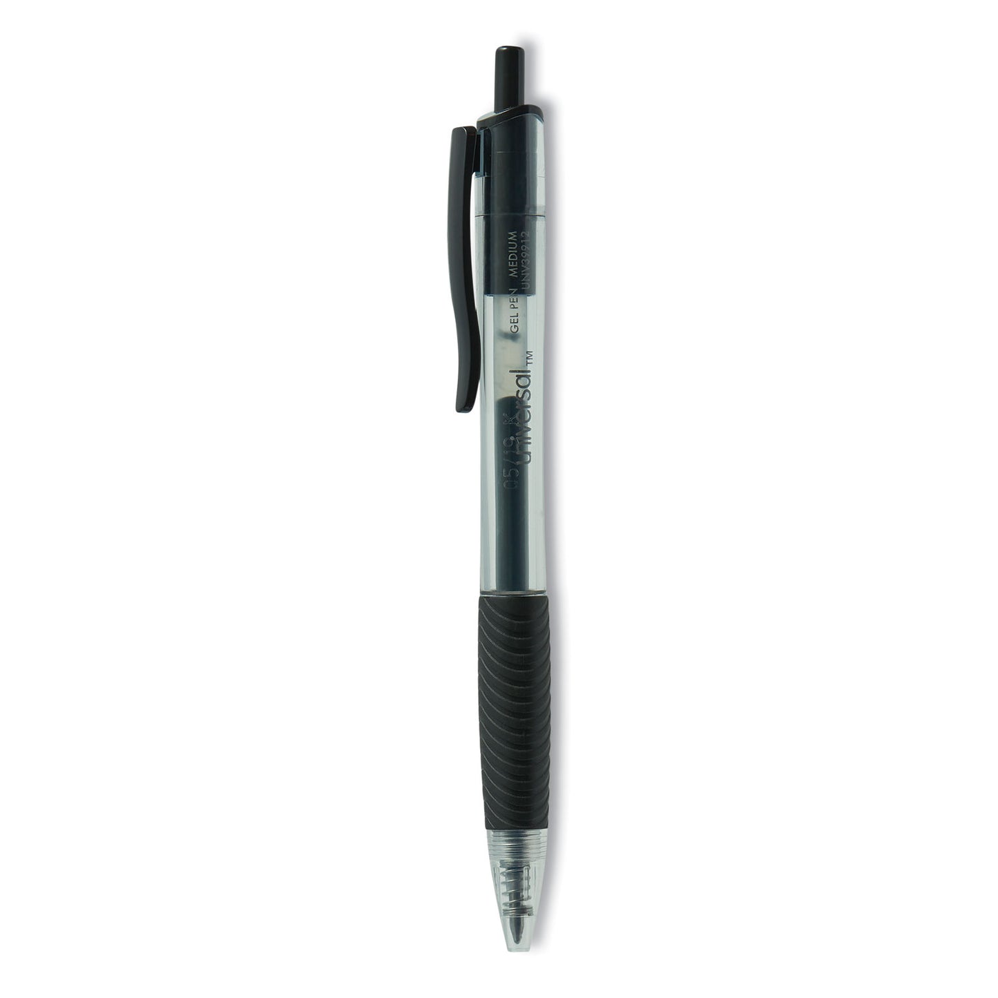 Universal Comfort Grip Gel Pen, Retractable, Medium 0.7 mm, Black Ink, Clear/Black Barrel, Dozen (39912)