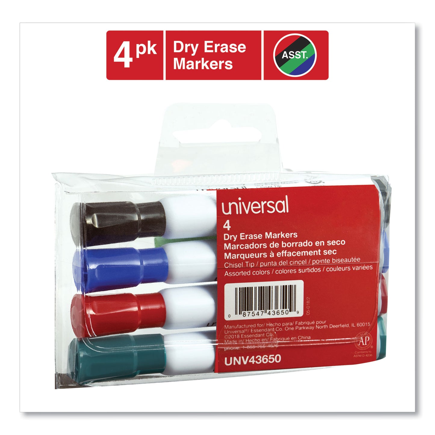 Universal Dry Erase Marker, Broad Chisel Tip, Assorted Colors, 4/Set (43650)