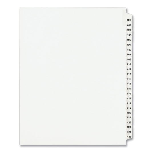 Preprinted Legal Exhibit Side Tab Index Dividers, Avery Style, 25-Tab, 401 to 425, 11 x 8.5, White, 1 Set, (1346) (01346)