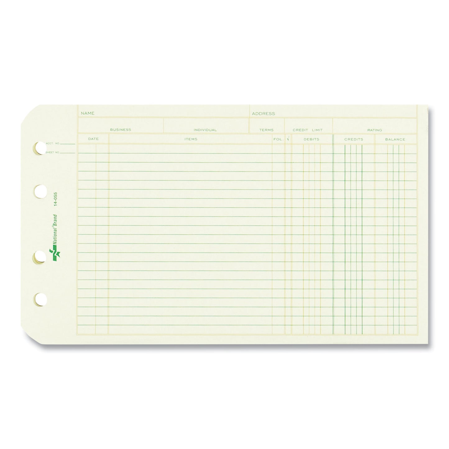 National Paper Four-Ring Binder Refill Sheets, 5 x 8.5, Green, 100/Pack (14055)