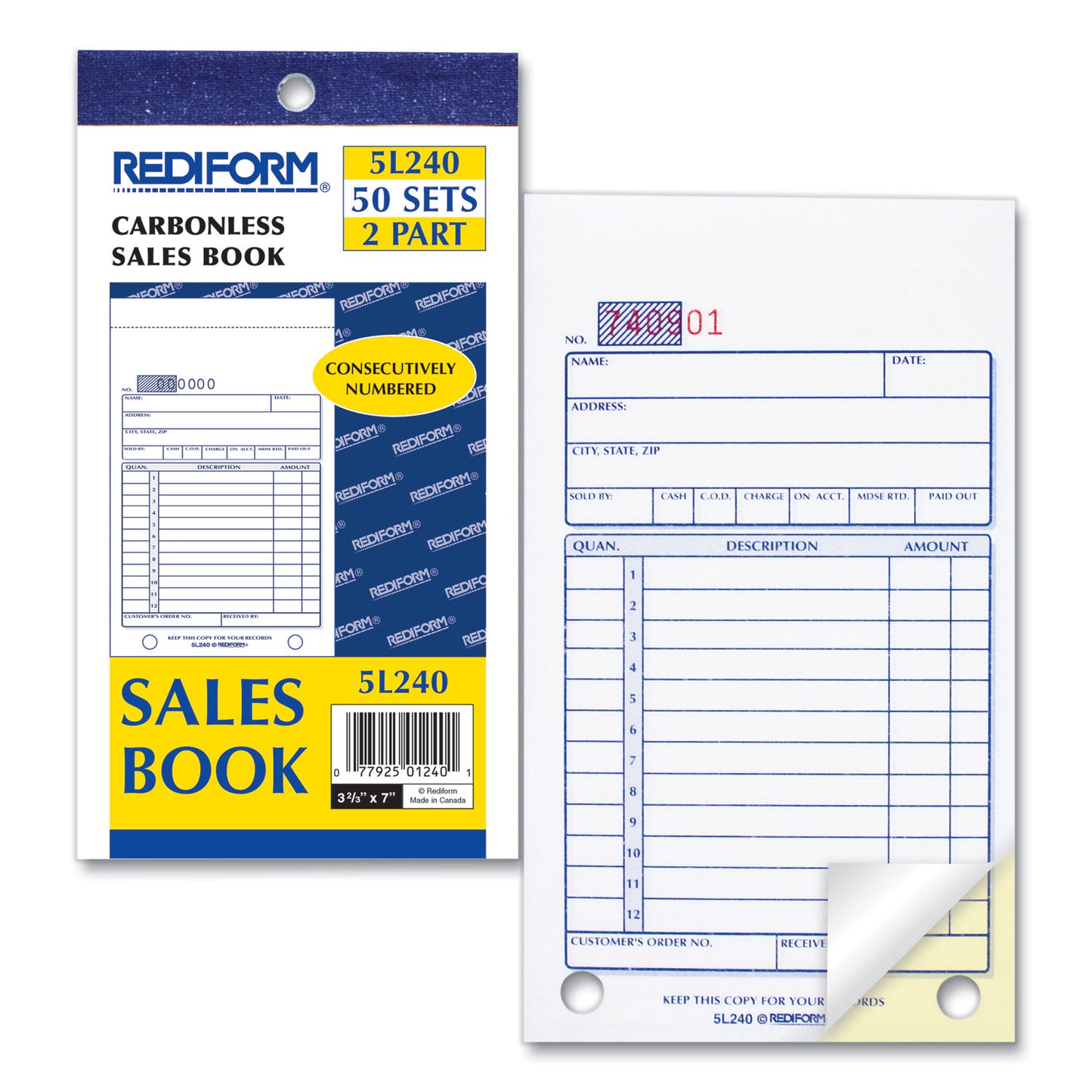 Rediform Sales Book, 12 Lines, Two-Part Carbonless, 3.63 x 6.38, 50 Forms Total (5L240)