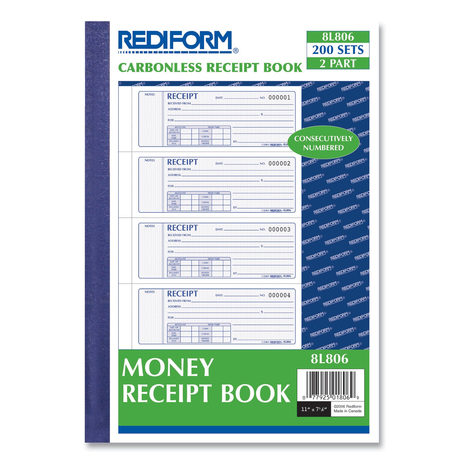 Rediform Money Receipt Book, Softcover, Two-Part Carbonless, 7 x 2.75, 4 Forms/Sheet, 200 Forms Total (8L806)