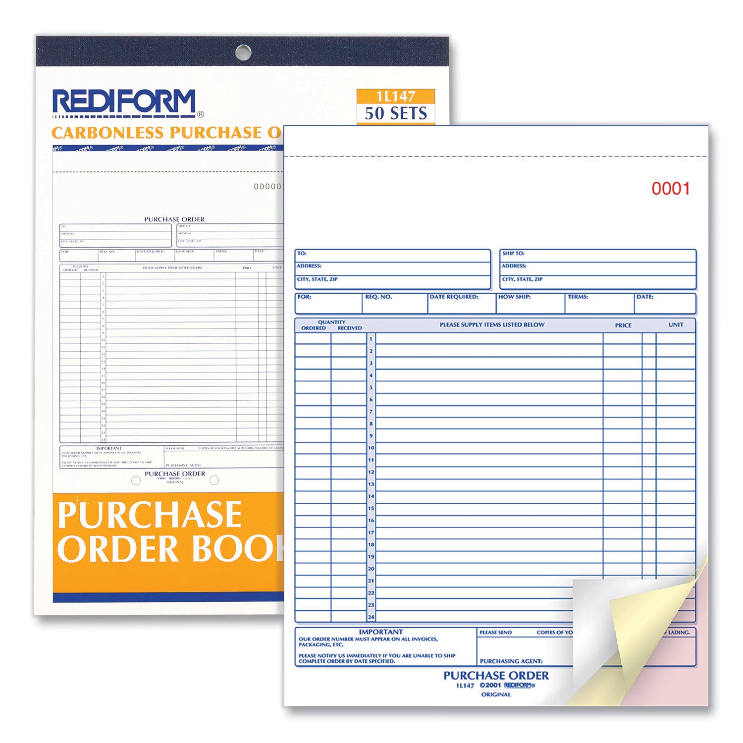 Rediform Purchase Order Book, 17 Lines, Three-Part Carbonless, 8.5 x 11, 50 Forms Total (1L147)