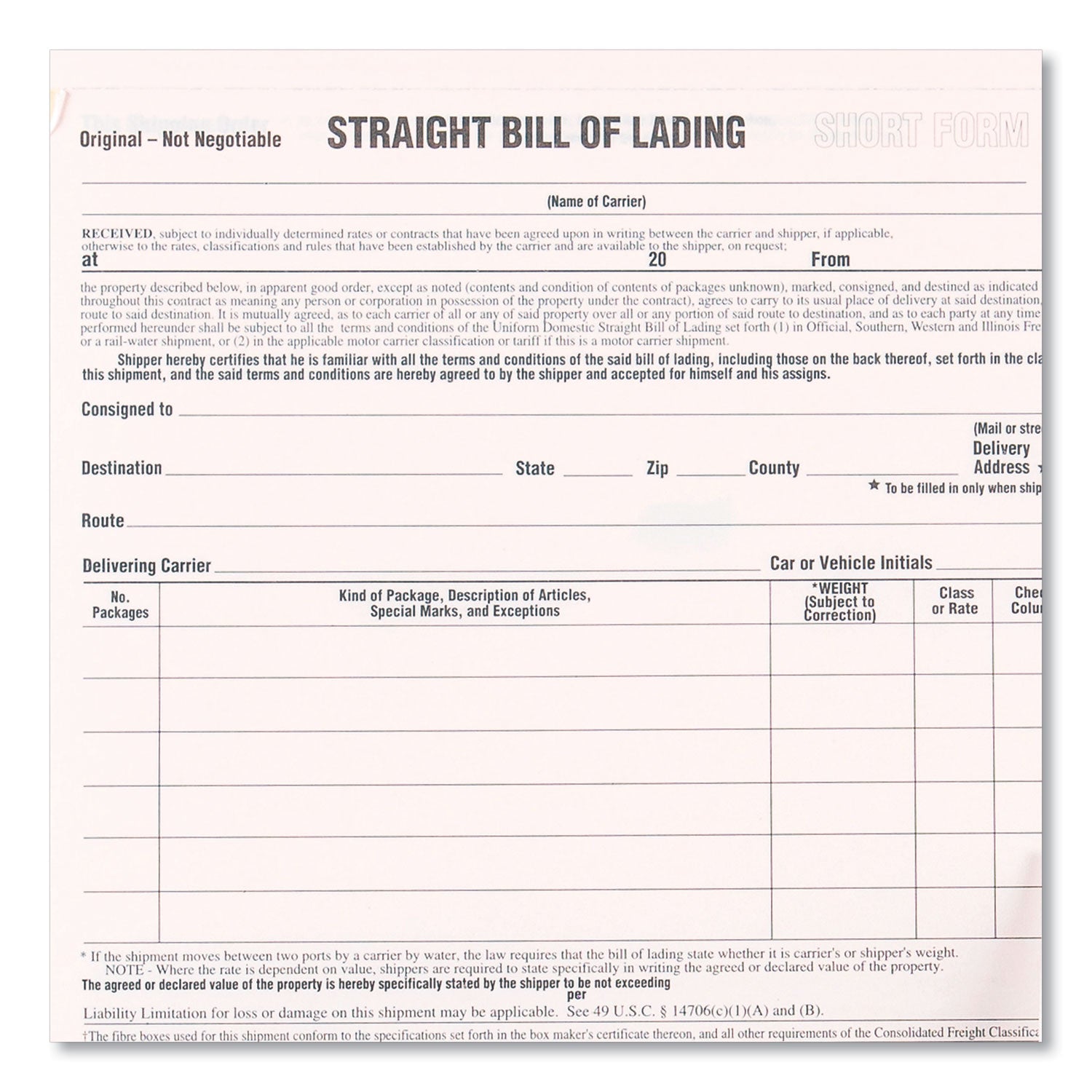 Rediform Snap-A-Way Bill of Lading, Short Form, Three-Part Carbonless, 7 x 8.5, 250 Forms Total (44301)