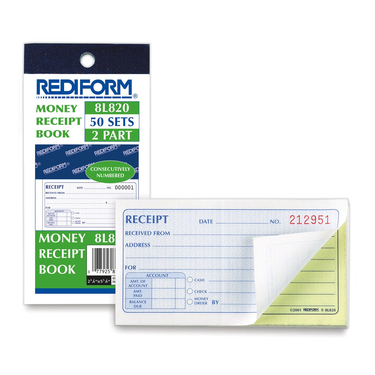Rediform Small Money Receipt Book, Two-Part Carbonless, 2.75 x 5, 50 Forms Total (8L820)