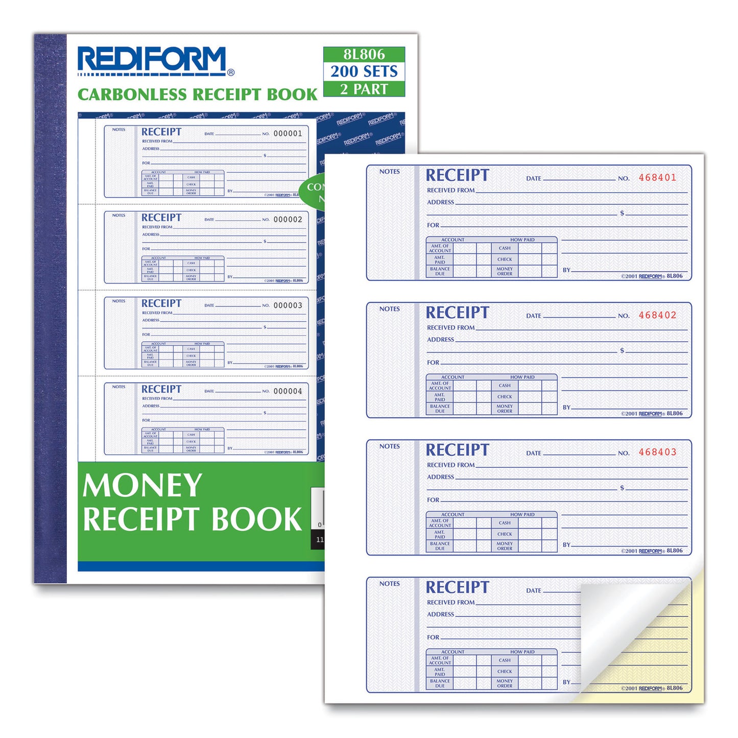 Rediform Money Receipt Book, Softcover, Two-Part Carbonless, 7 x 2.75, 4 Forms/Sheet, 200 Forms Total (8L806)