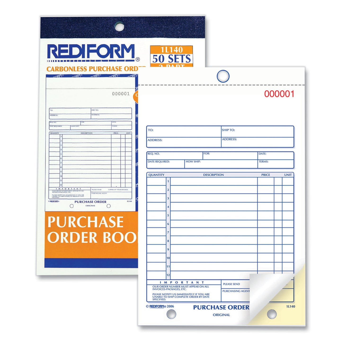 Rediform Purchase Order Book, 12 Lines, Two-Part Carbonless, 5.5 x 7.88, 50 Forms Total (1L140)