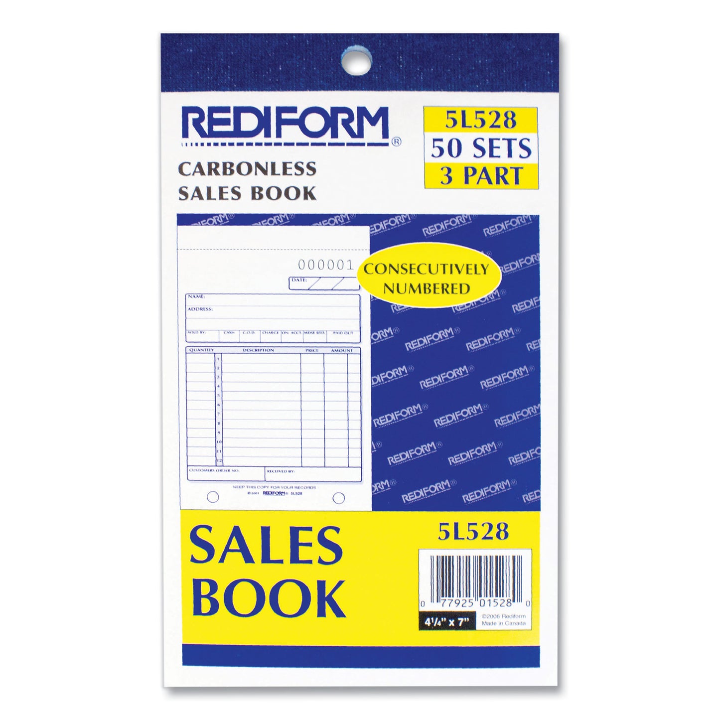 Rediform Sales Book, 12 Lines, Three-Part Carbonless, 4.25 x 6.38, 50 Forms Total (5L528)