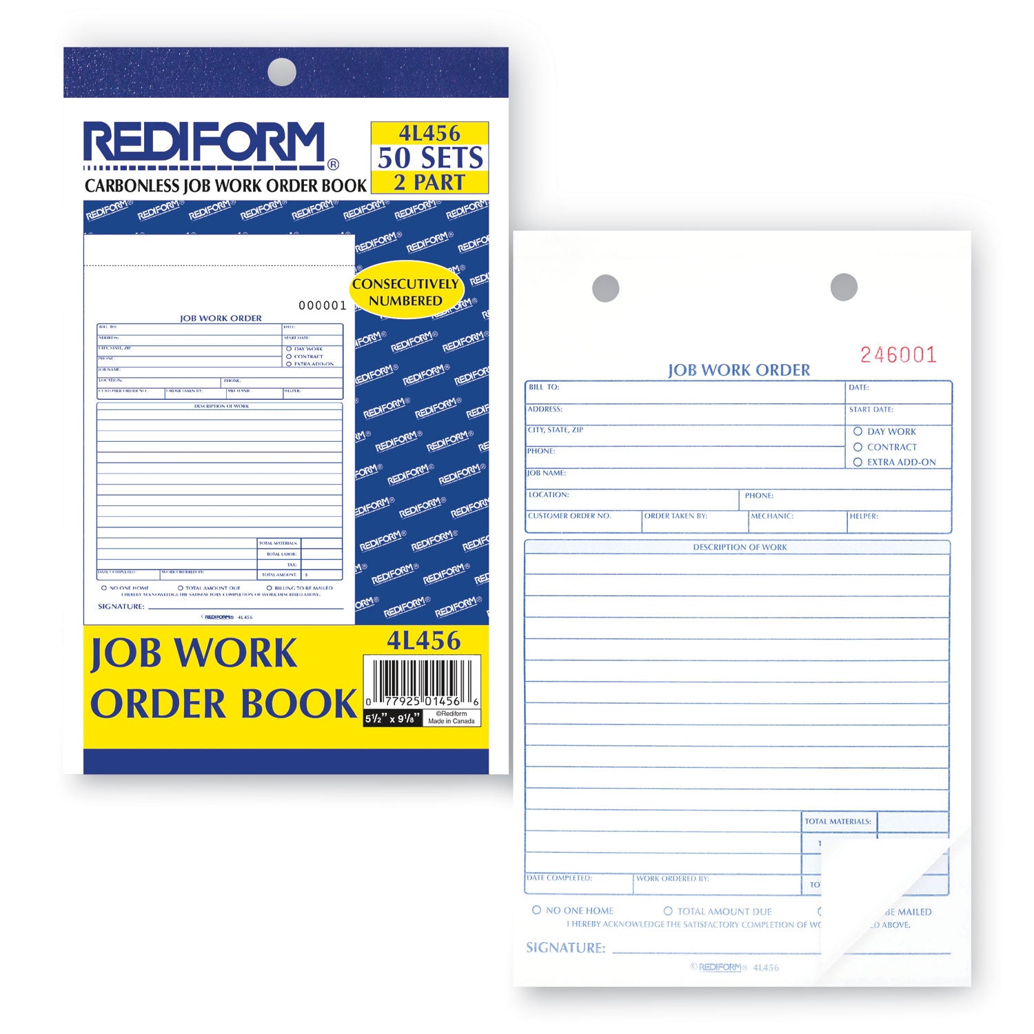 Rediform Job Work Order Book, Two-Part Carbonless, 5.5 x 8.5, 50 Forms Total (4L456)