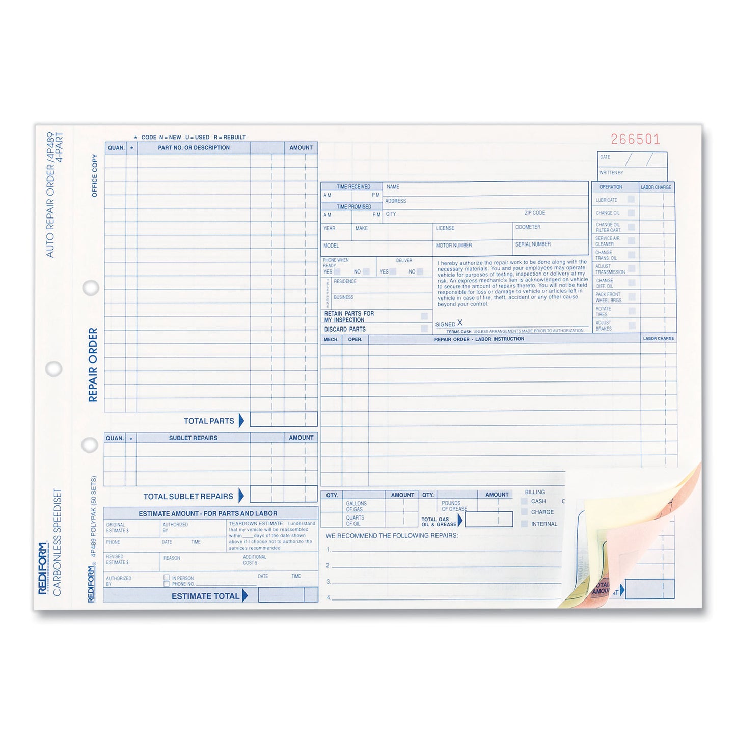Rediform Speediset Four-Part Auto Repair Form, Four-Part Carbonless, 11 x 8.5, 50 Forms Total (4P489)