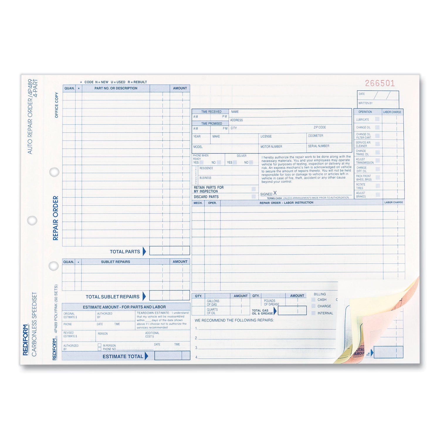 Rediform Speediset Four-Part Auto Repair Form, Four-Part Carbonless, 11 x 8.5, 50 Forms Total (4P489)
