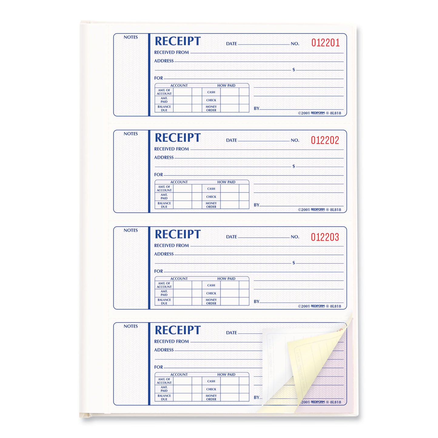 Rediform Money Receipt Book, Hardcover, Three-Part Carbonless, 7 x 2.75, 4 Forms/Sheet, 200 Forms Total (8L818)