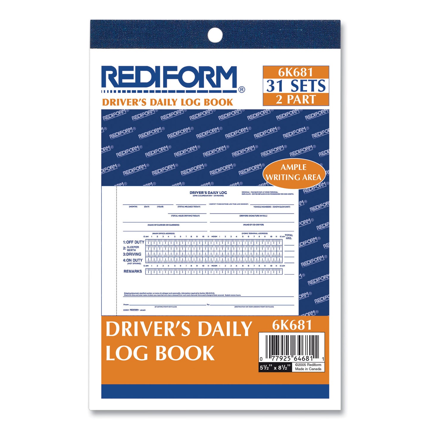 Rediform Driver's Daily Log Book with Daily Record and Hours Summary, Two-Part Carbonless, 7.88 x 5.5, 31 Forms Total (6K681)