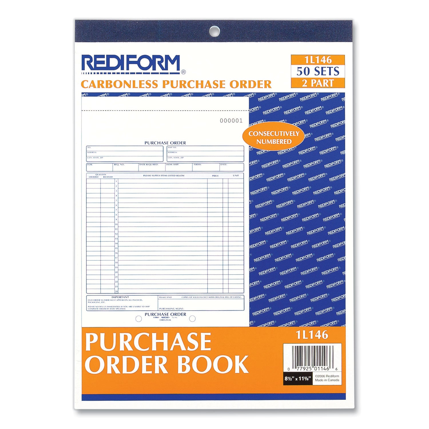 Rediform Purchase Order Book, 17 Lines, Two-Part Carbonless, 8.5 x 11, 50 Forms Total (1L146)