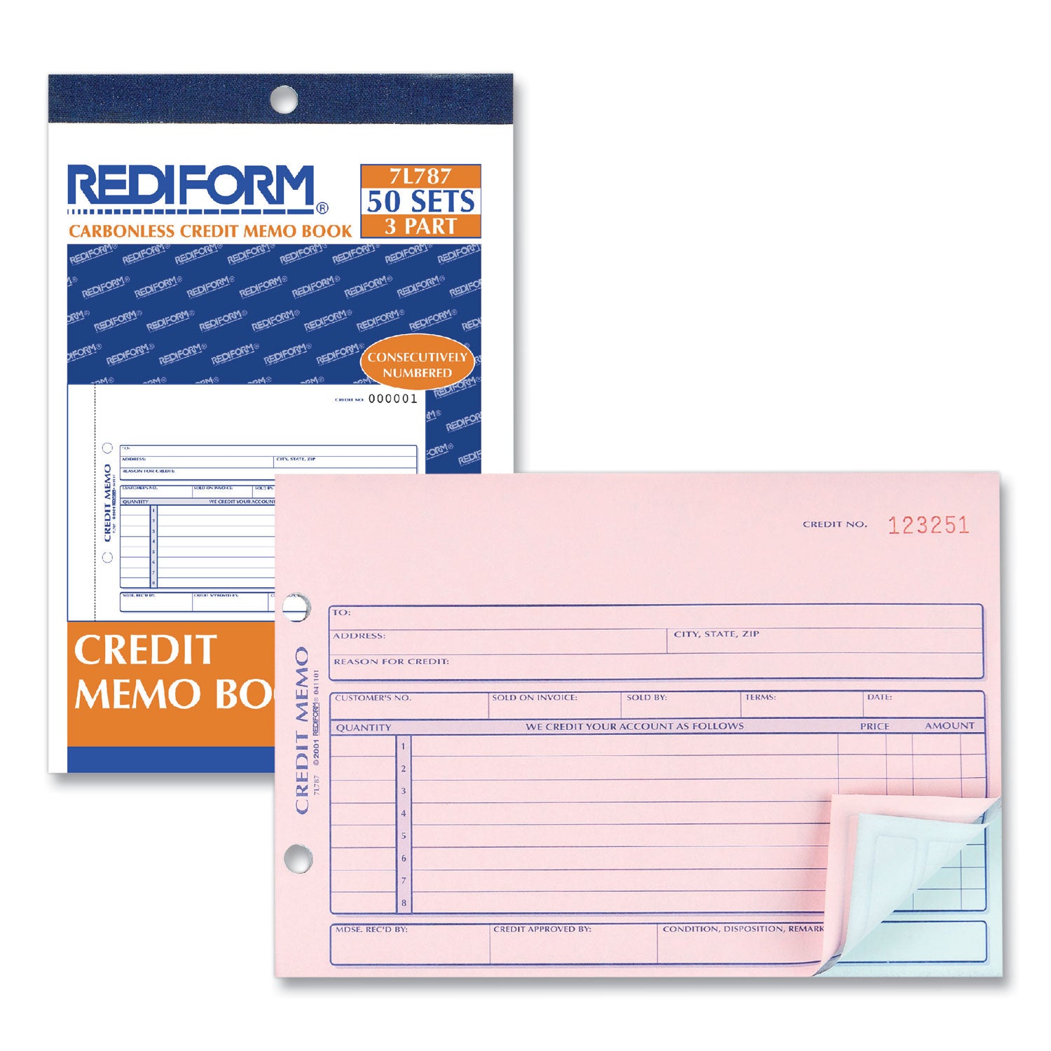 Rediform Credit Memo Book, Three-Part Carbonless, 5.5 x 7.88, 50 Forms Total (7L787)