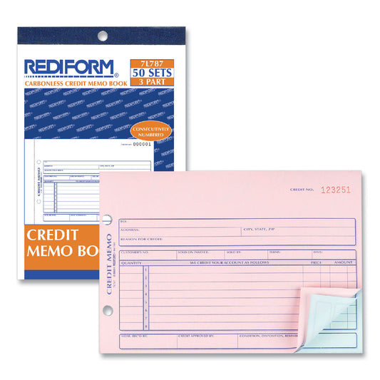 Rediform Credit Memo Book, Three-Part Carbonless, 5.5 x 7.88, 50 Forms Total (7L787)