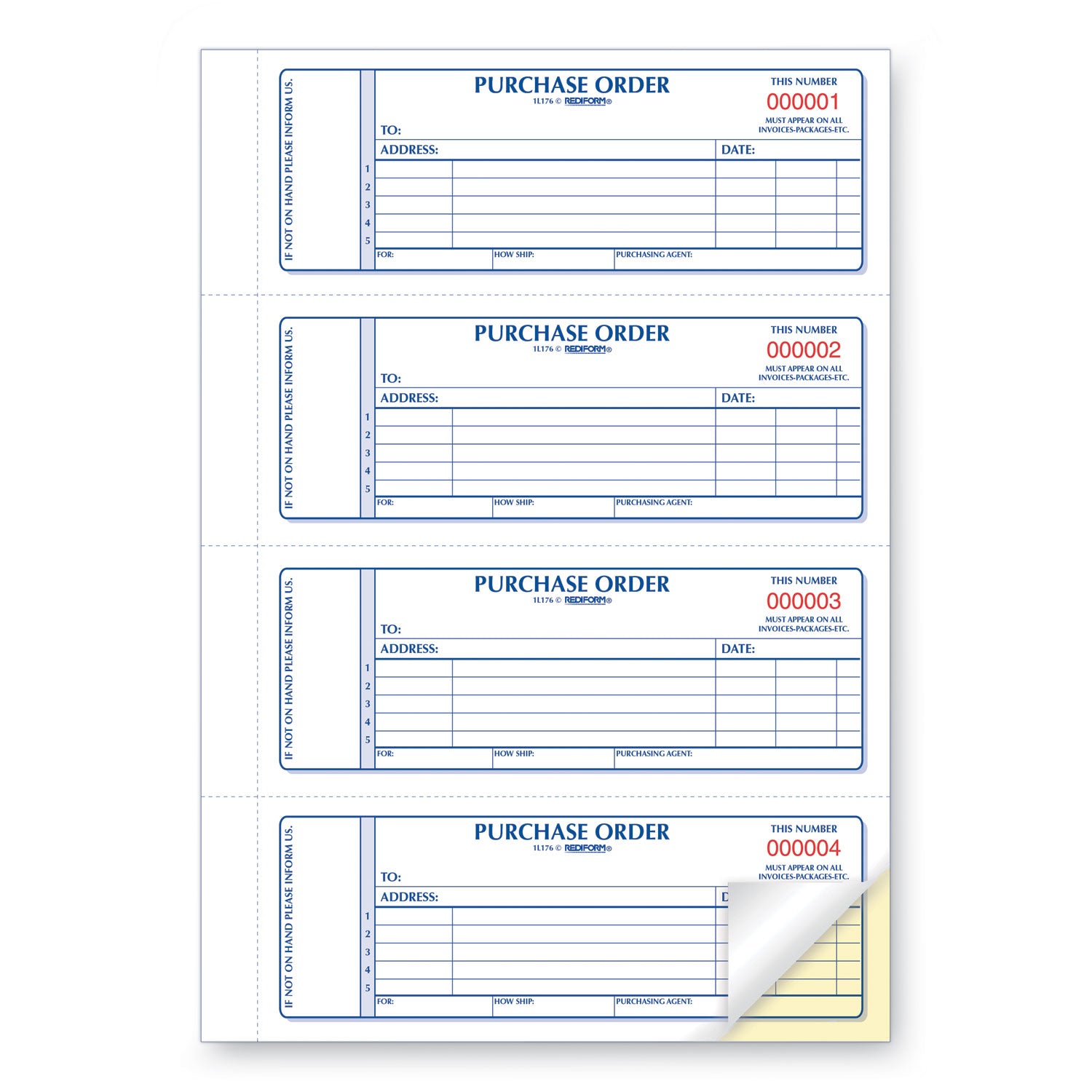 Rediform Purchase Order Book, 5 Lines, Two-Part Carbonless, 7 x 2.75, 4 Forms/Sheet, 400 Forms Total (1L176)