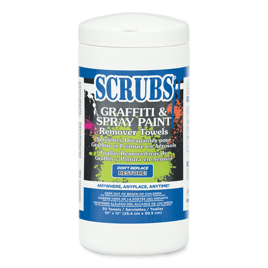 SCRUBS Graffiti and Paint Remover Towels, Citrus, 10 x 12, Neutral Scent, Orange on White, 30/Canister, 6 Canisters/Carton (90130CT)