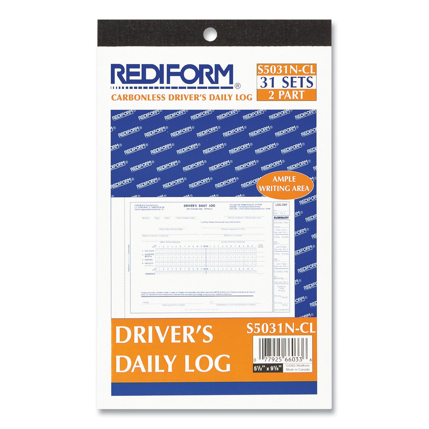 Rediform Driver's Daily Log Book, Two-Part Carbonless, 8.75 x 5.38, 31 Forms Total (S5031NCL)