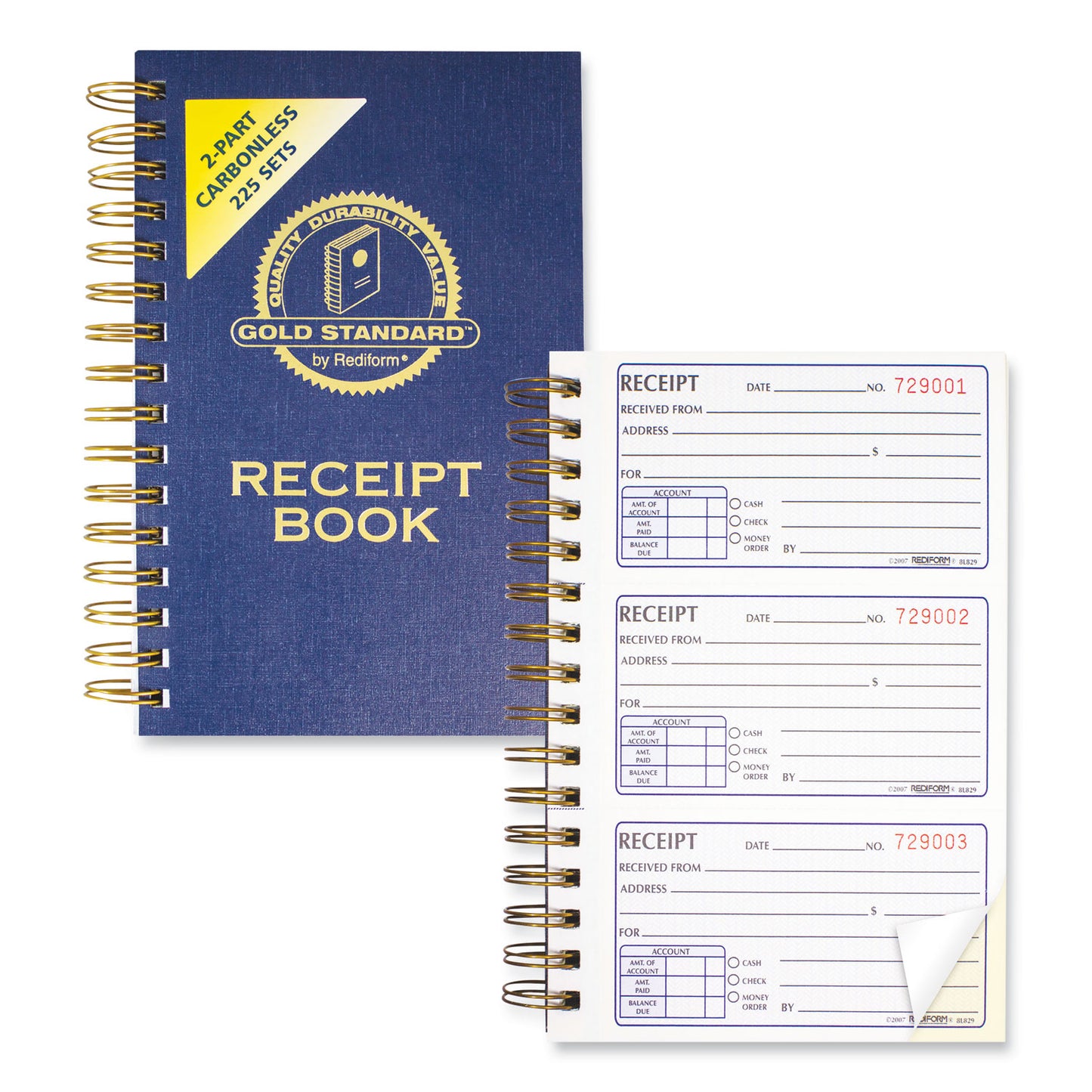 Rediform Gold Standard Money Receipt Book, Two-Part Carbonless, 5 x 2.75, 3 Forms/Sheet, 225 Forms Total (8L829)