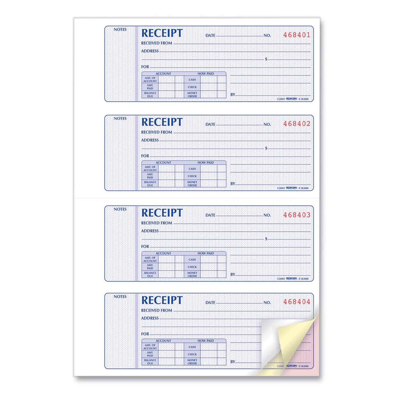 Rediform Money Receipt Book, Softcover, Three-Part Carbonless, 7 x 2.75, 4 Forms/Sheet, 100 Forms Total (8L808)