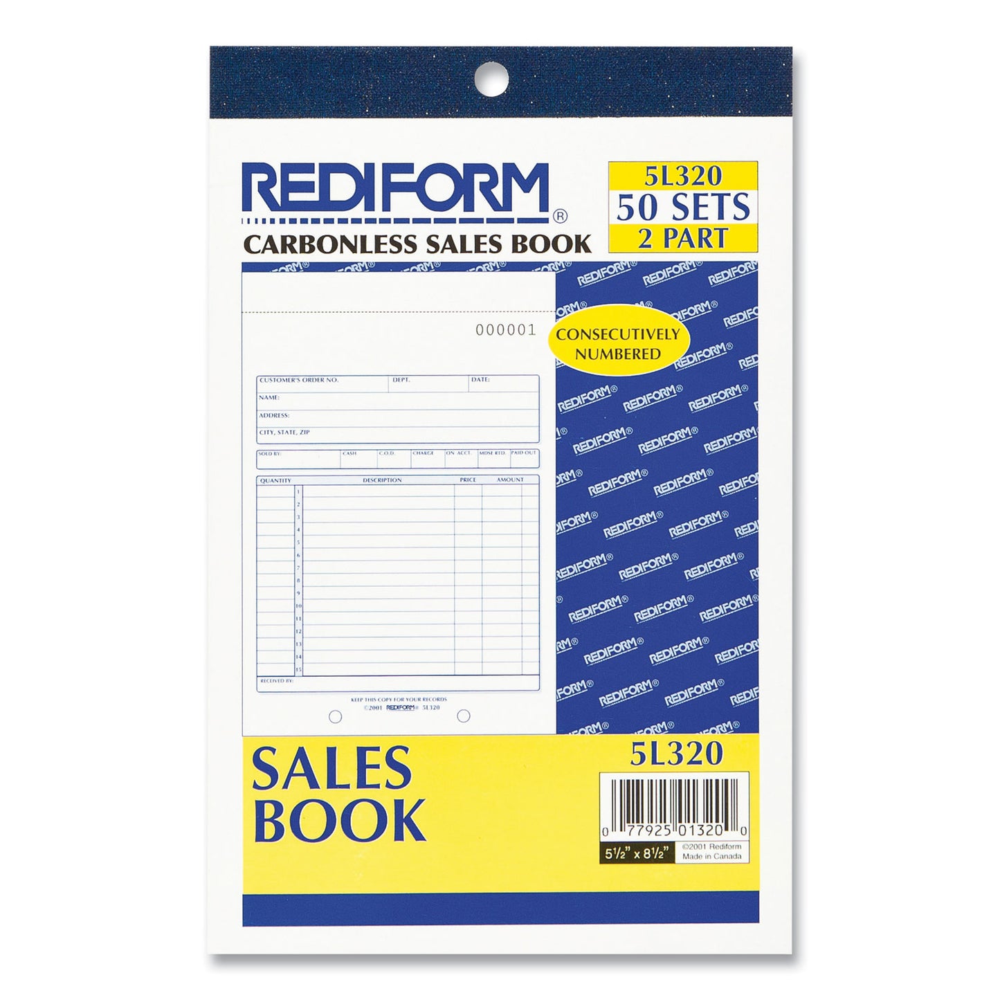 Rediform Sales Book, 15 Lines, Two-Part Carbonless, 5.5 x 7.88, 50 Forms Total (5L320)
