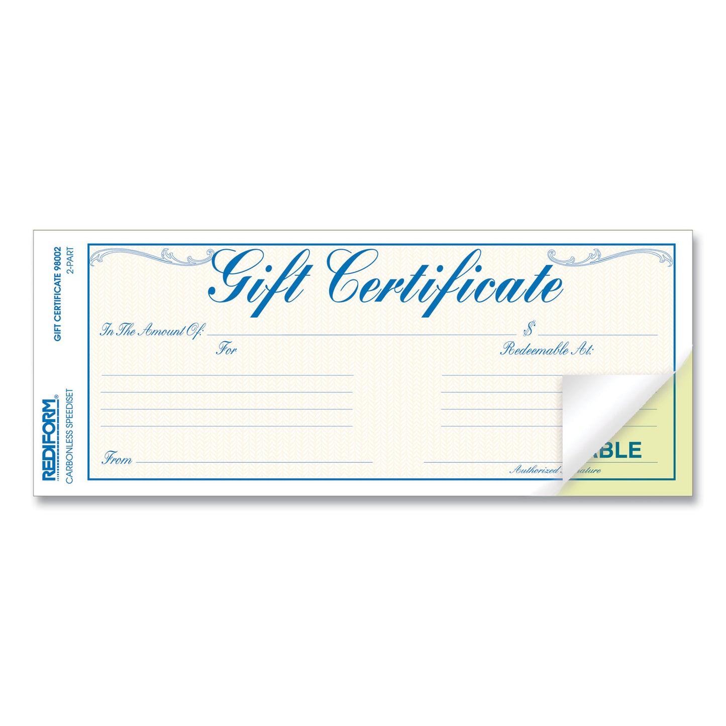 Rediform Gift Certificates with Envelopes, 8.5 x 3.67, Blue/Gold with Blue Border, 25/Pack (98002)