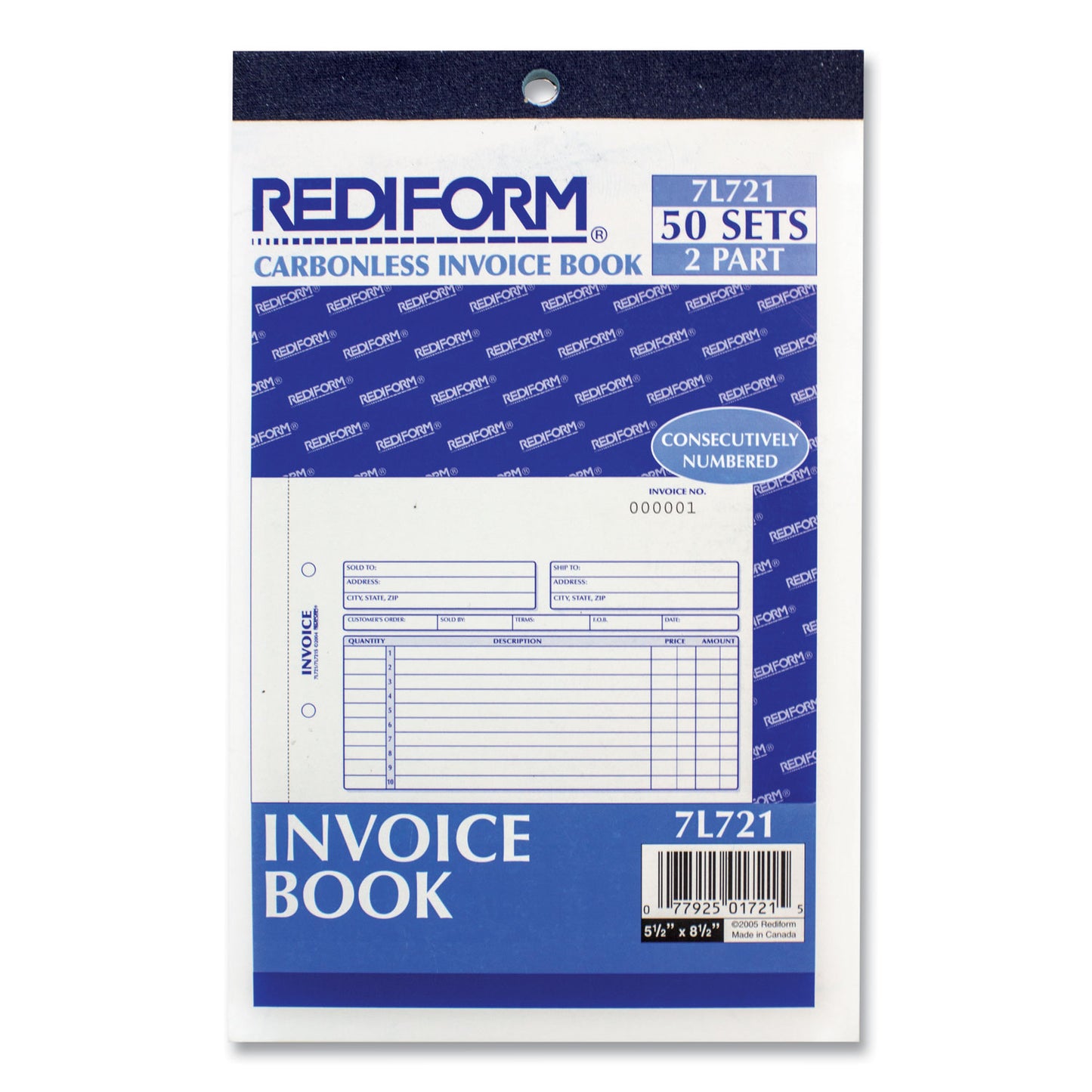 Rediform Invoice Book, Two-Part Carbonless, 5.5 x 7.88, 50 Forms Total (7L721)