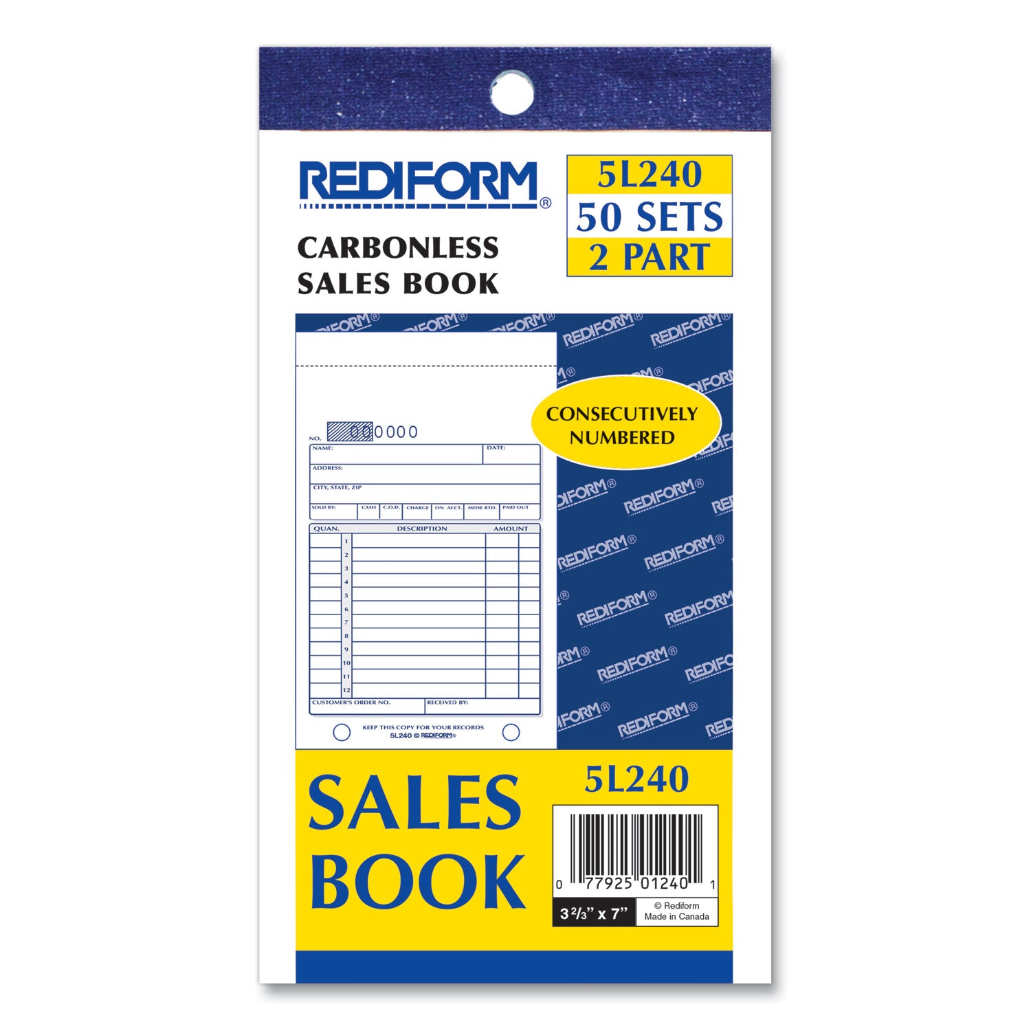 Rediform Sales Book, 12 Lines, Two-Part Carbonless, 3.63 x 6.38, 50 Forms Total (5L240)