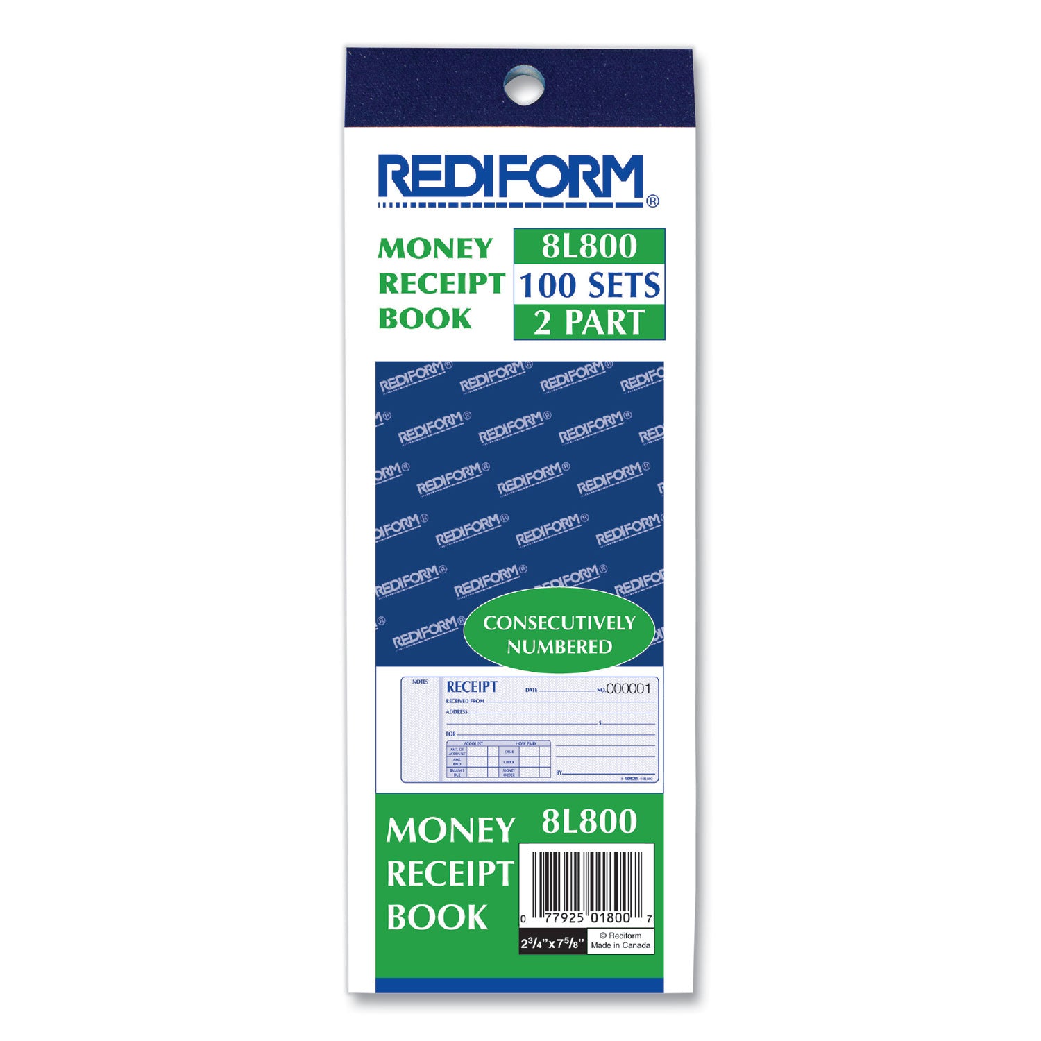 Rediform Receipt Book, Two-Part Carbonless, 7 x 2.75, 4 Forms/Sheet, 100 Forms Total (8L800)
