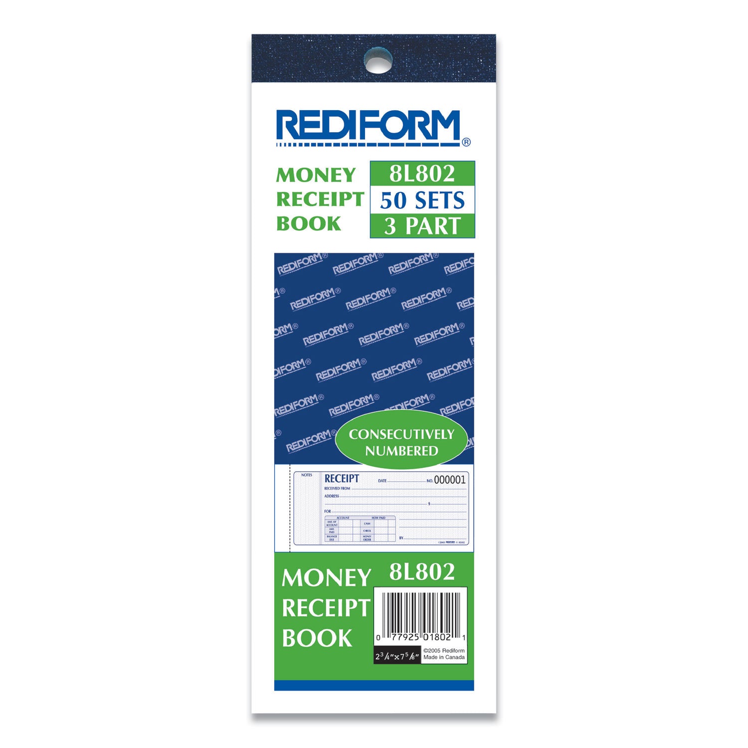 Rediform Receipt Book, Three-Part Carbonless, 7 x 2.75, 4 Forms/Sheet, 50 Forms Total (8L802)