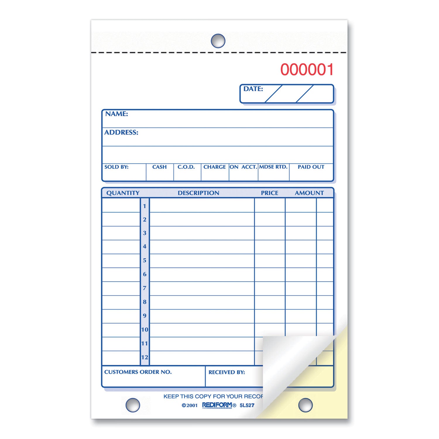 Rediform Sales Book, 12 Lines, Two-Part Carbonless, 4.25 x 6.38, 50 Forms Total (5L527)