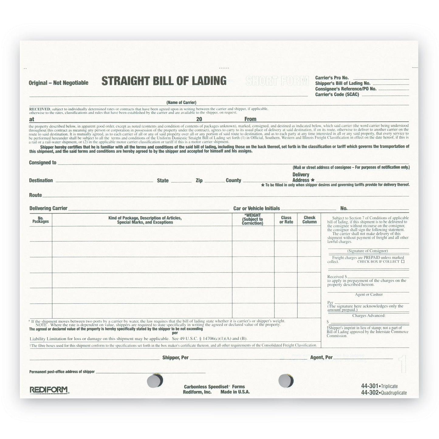 Rediform Snap-A-Way Bill of Lading, Short Form, Three-Part Carbonless, 7 x 8.5, 250 Forms Total (44301)