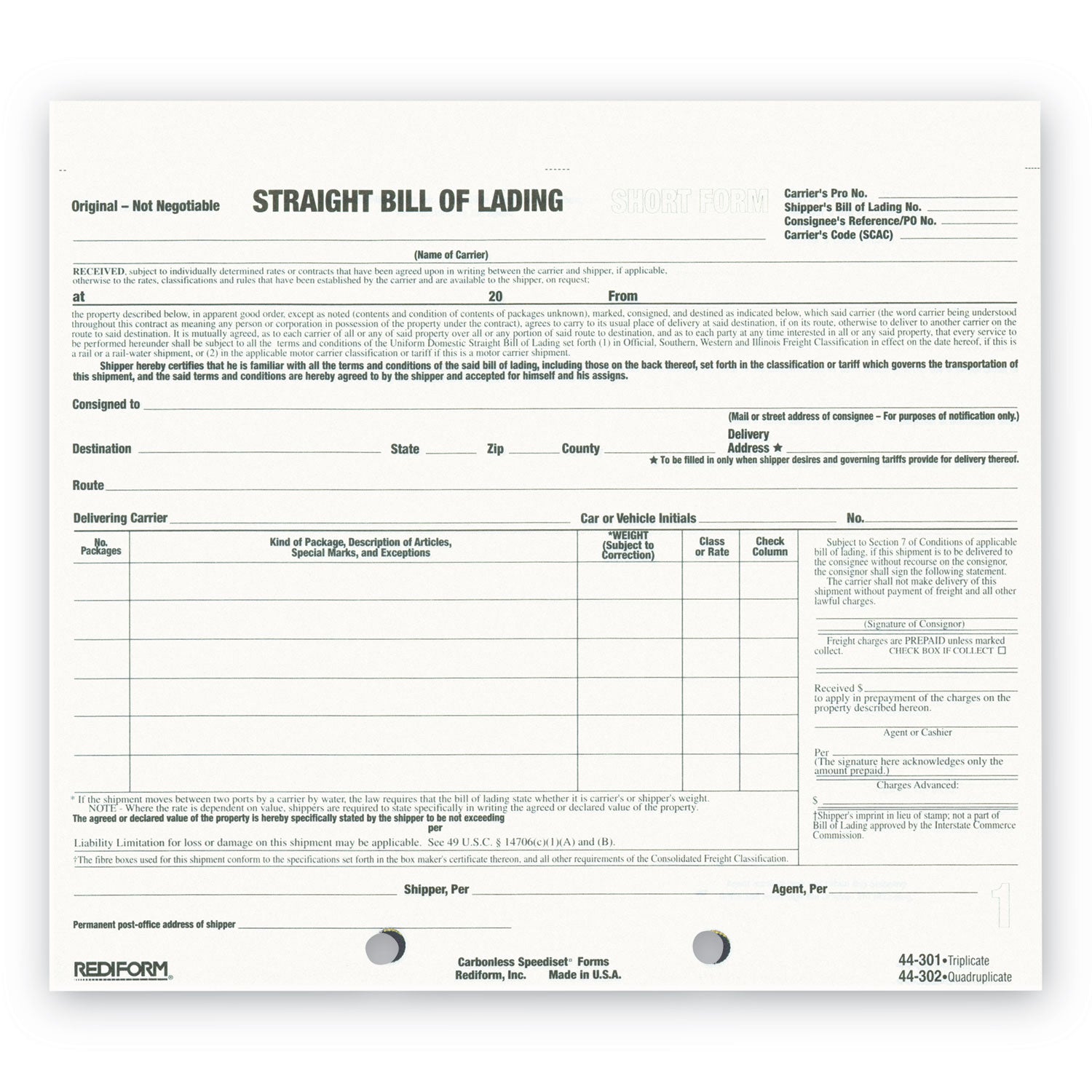 Rediform Snap-A-Way Bill of Lading, Short Form, Three-Part Carbonless, 7 x 8.5, 250 Forms Total (44301)